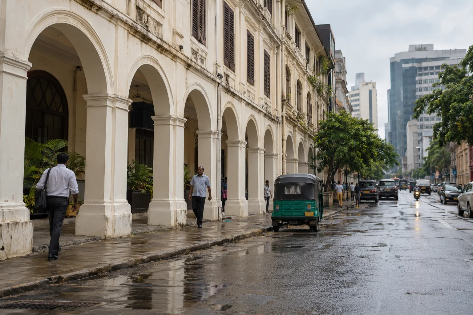 Weathered arcaded buildings, pedestrians and a green tuk-tuk on a damp city street