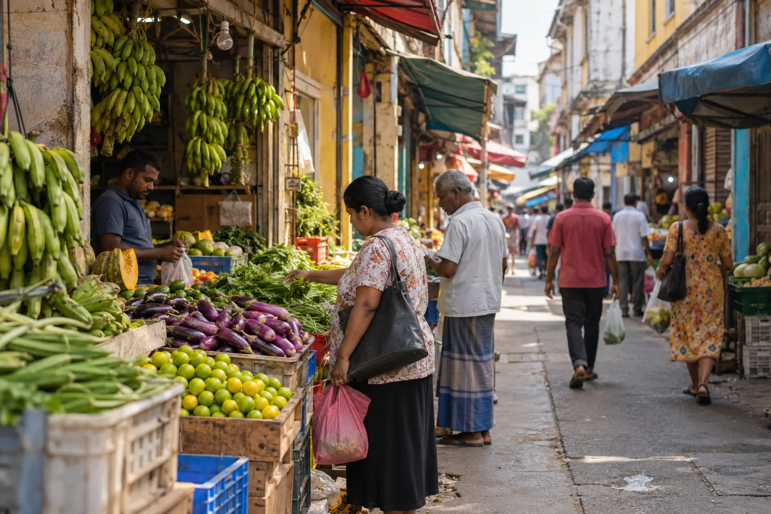 Shoppers beside fruit and vegetable stalls in a narrow tropical market lane