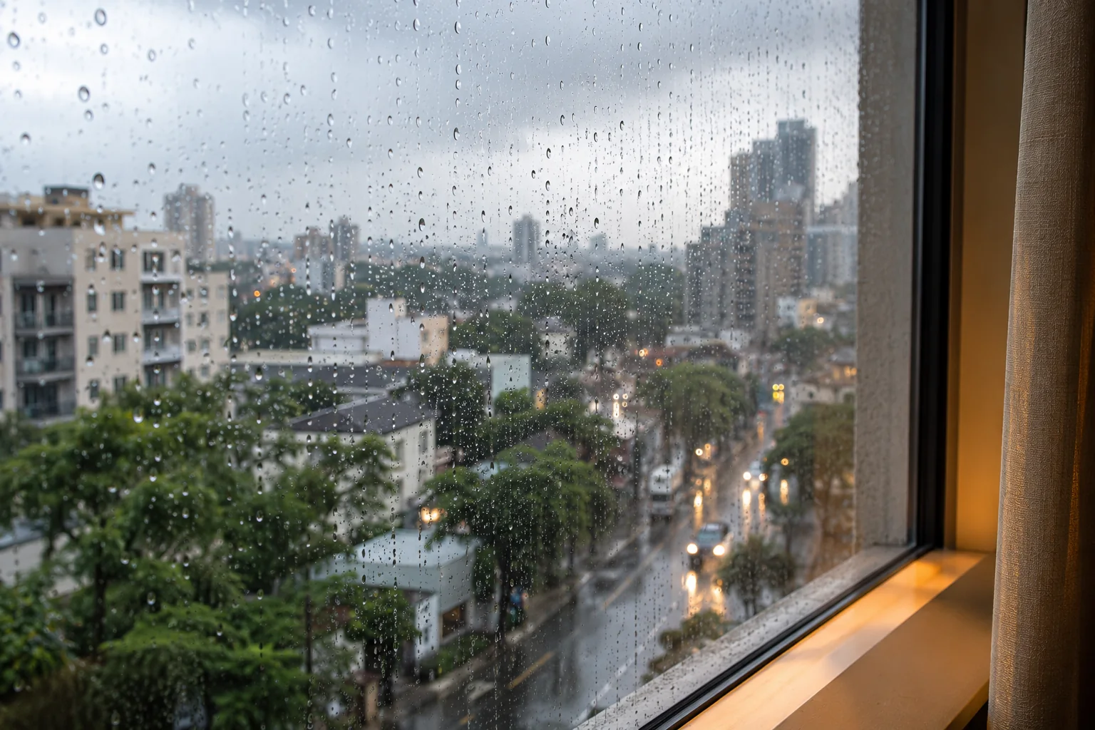 Raindrops on a hotel window overlooking a wet tropical city street