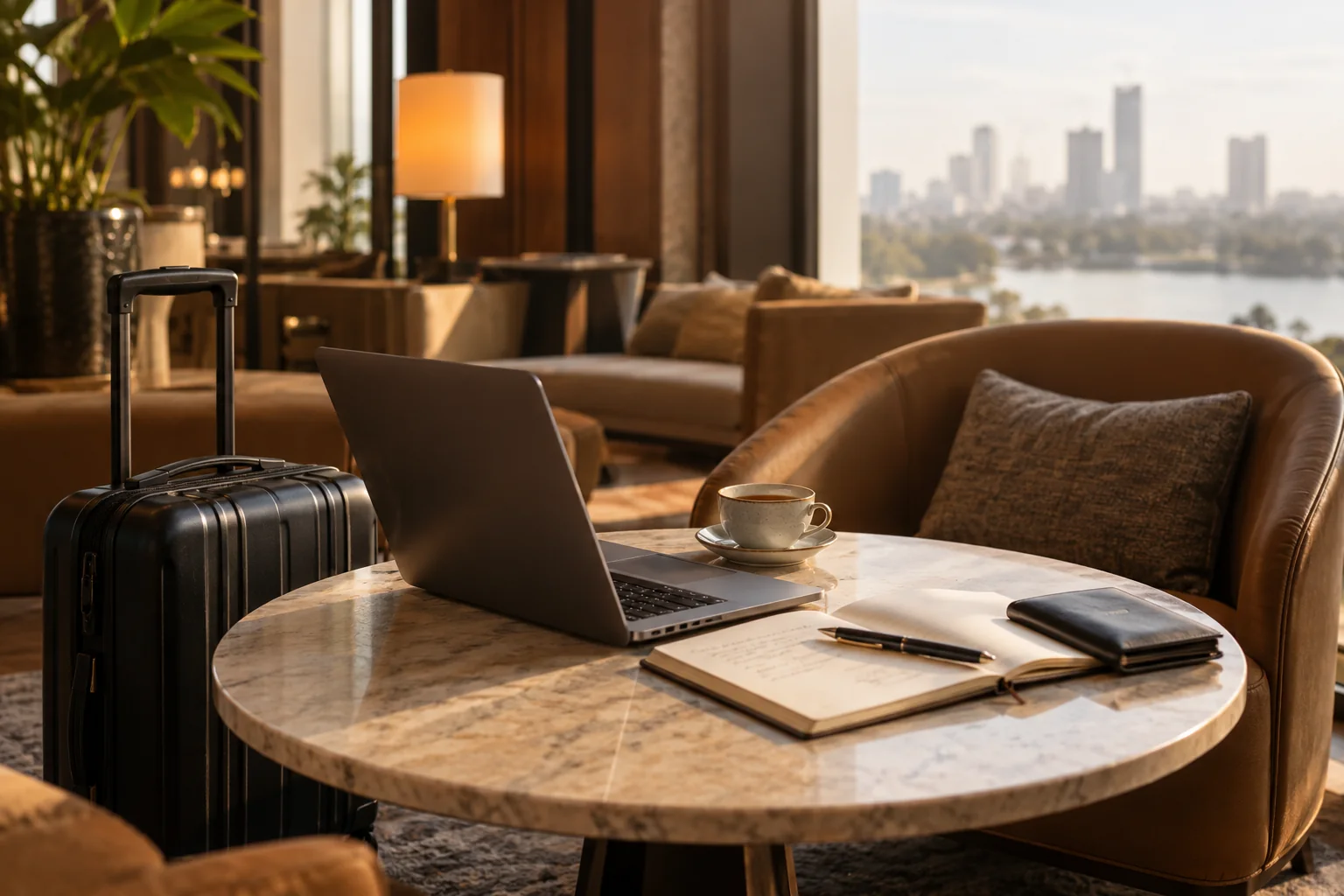 Laptop, notebook and tea on a hotel lounge table beside a carry-on suitcase