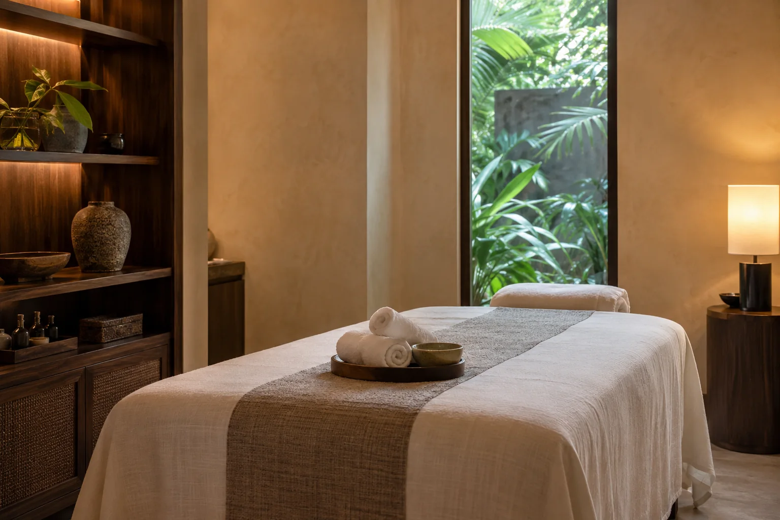 Spa treatment table with folded towels, teak shelves and a leafy window