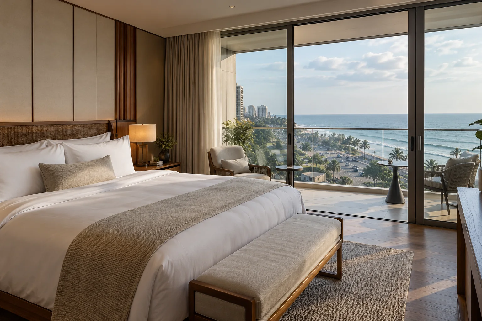 King bed and teak furnishings beside a balcony overlooking an urban coastline and the ocean
