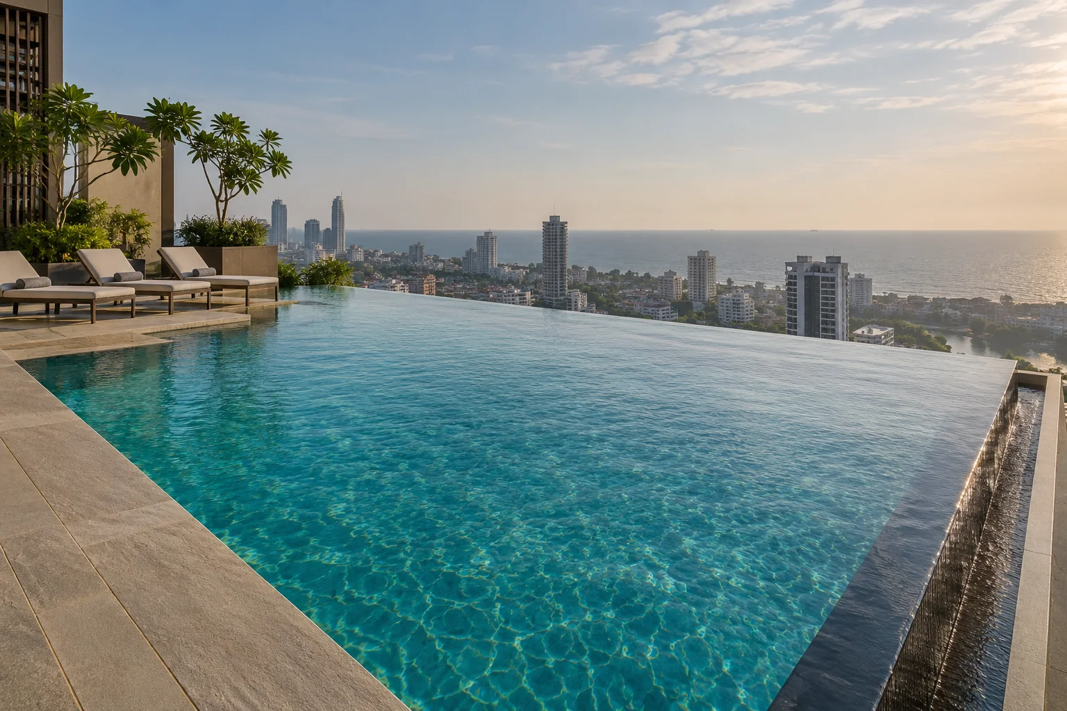 Rooftop infinity pool with stone decking, loungers and coastal city views