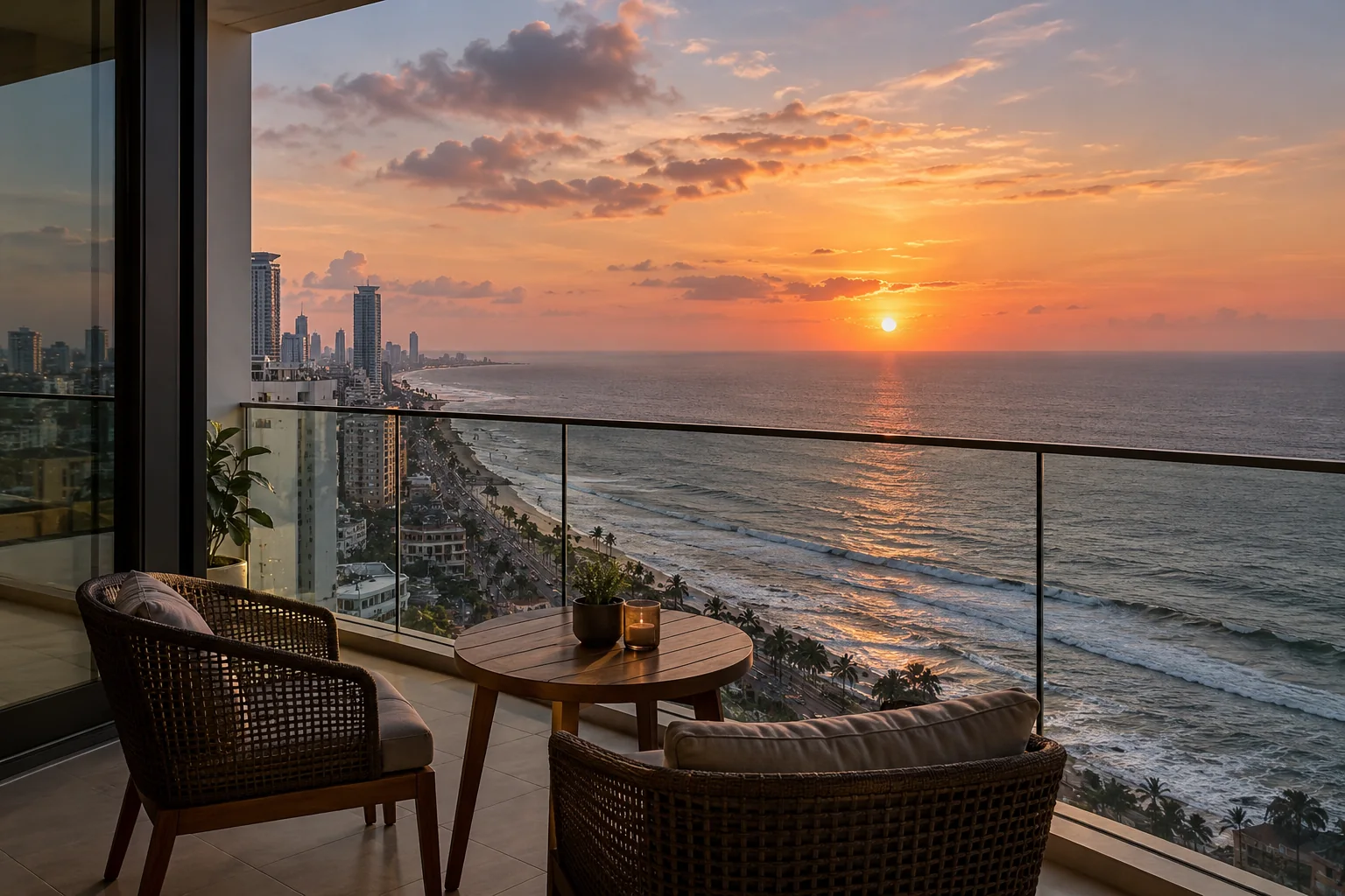 Two balcony chairs overlooking an urban coast and the ocean at sunset