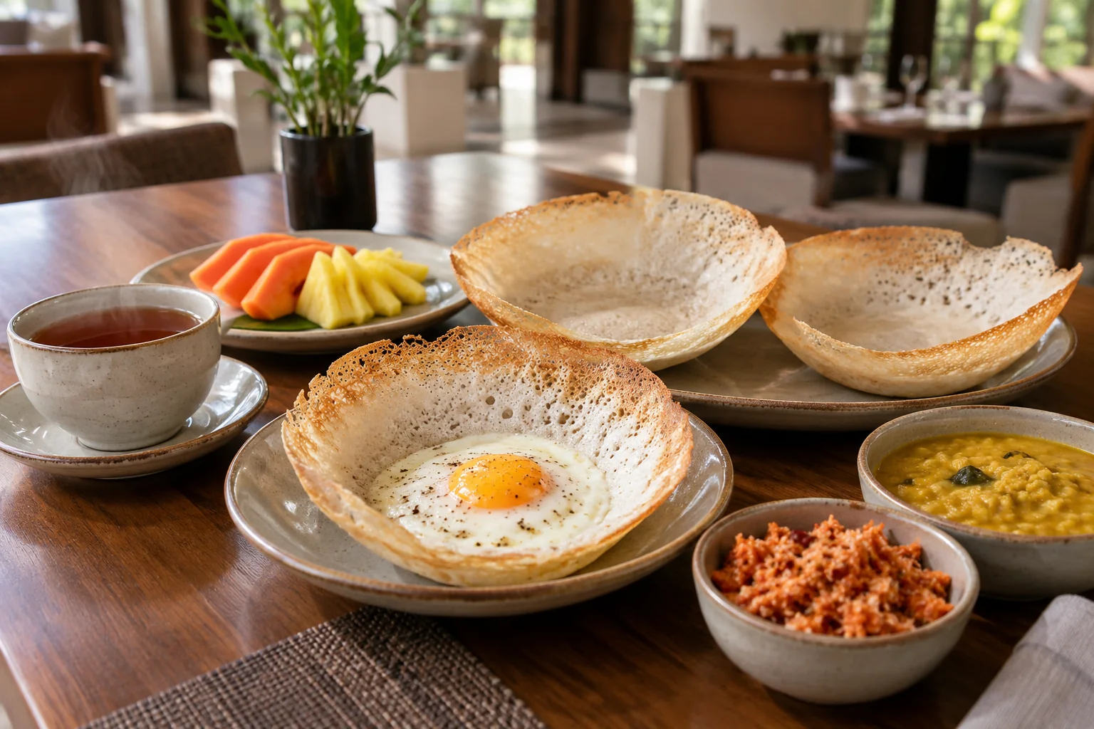 Egg hopper, plain hoppers, dhal, coconut sambol, fresh fruit and tea on a dining table