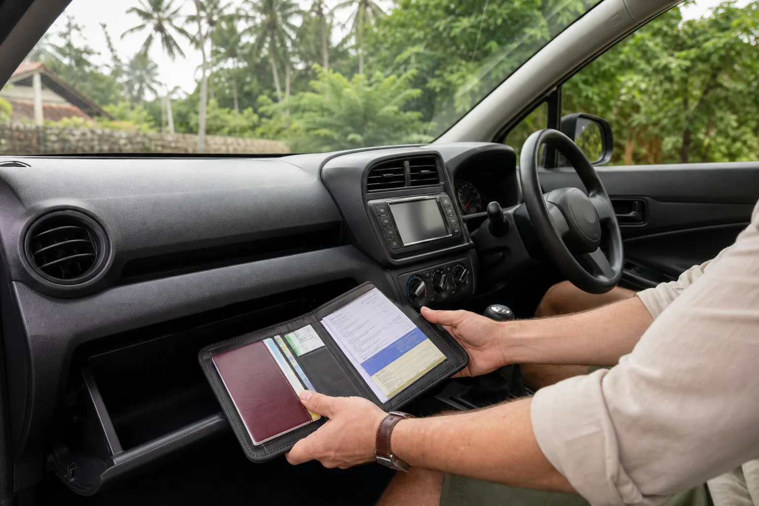 Tourist keeping driving permits, rental agreement and insurance papers in a rental car glovebox