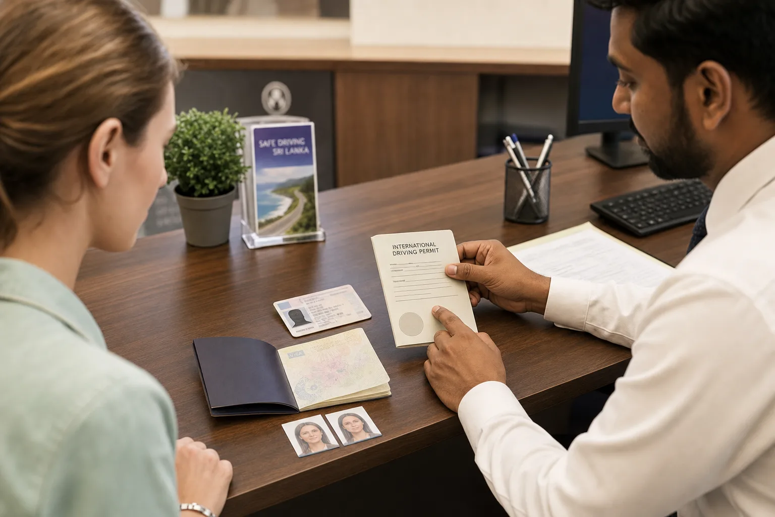 Tourist reviewing an International Driving Permit, passport and supporting documents in Sri Lanka