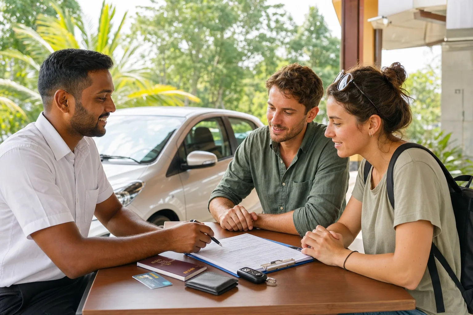 Tourists presenting their documents and signing an agreement at a Sri Lankan car rental company