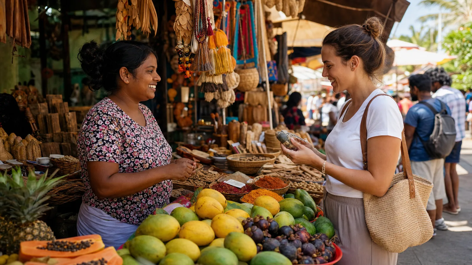 Tourist speaking with a Sri Lankan market vendor using Sinhala shopping phrases