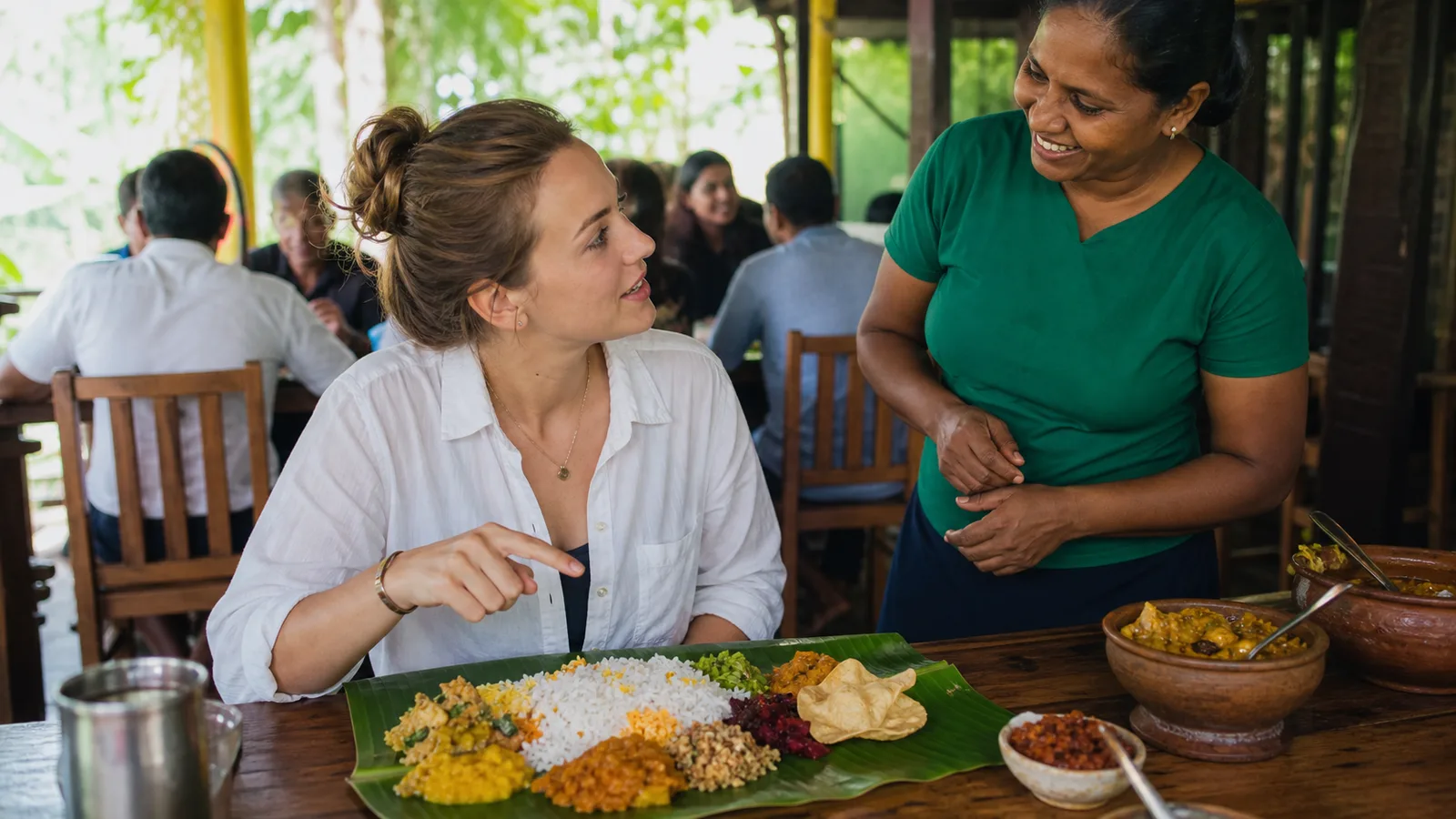 Traveller ordering Sri Lankan rice and curry while using Sinhala food phrases