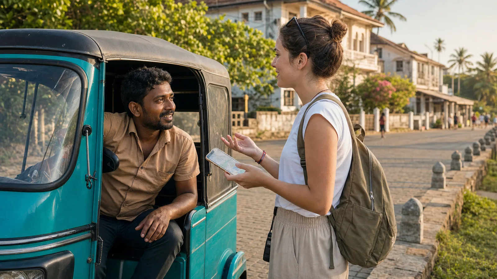 Tourist asking a Sri Lankan tuk tuk driver for directions using Sinhala phrases