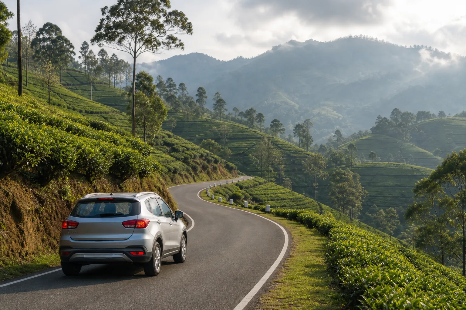 Blue passenger train travelling through Sri Lanka hill country tea estates