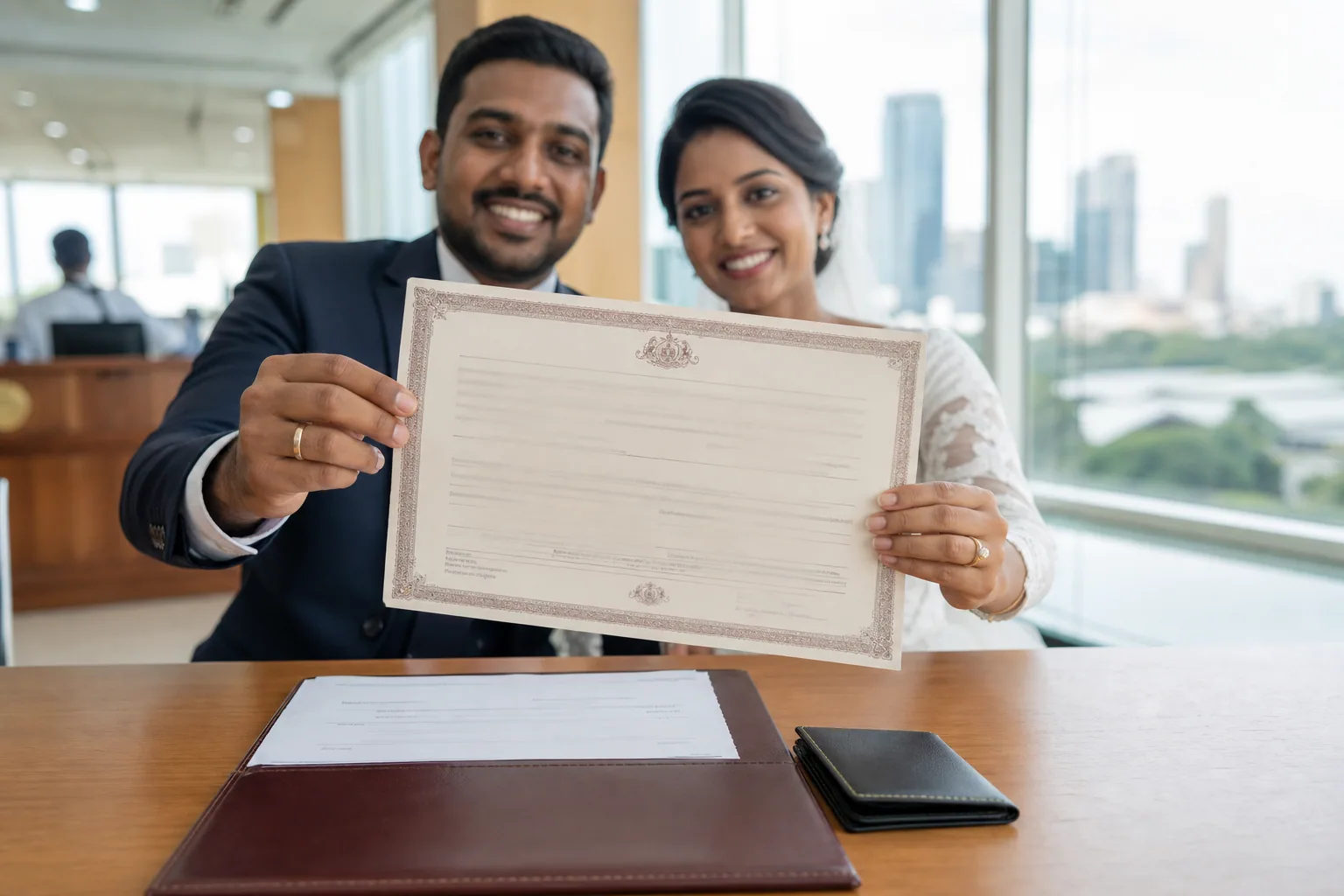 Newlyweds holding a legalised Sri Lankan marriage certificate in Colombo