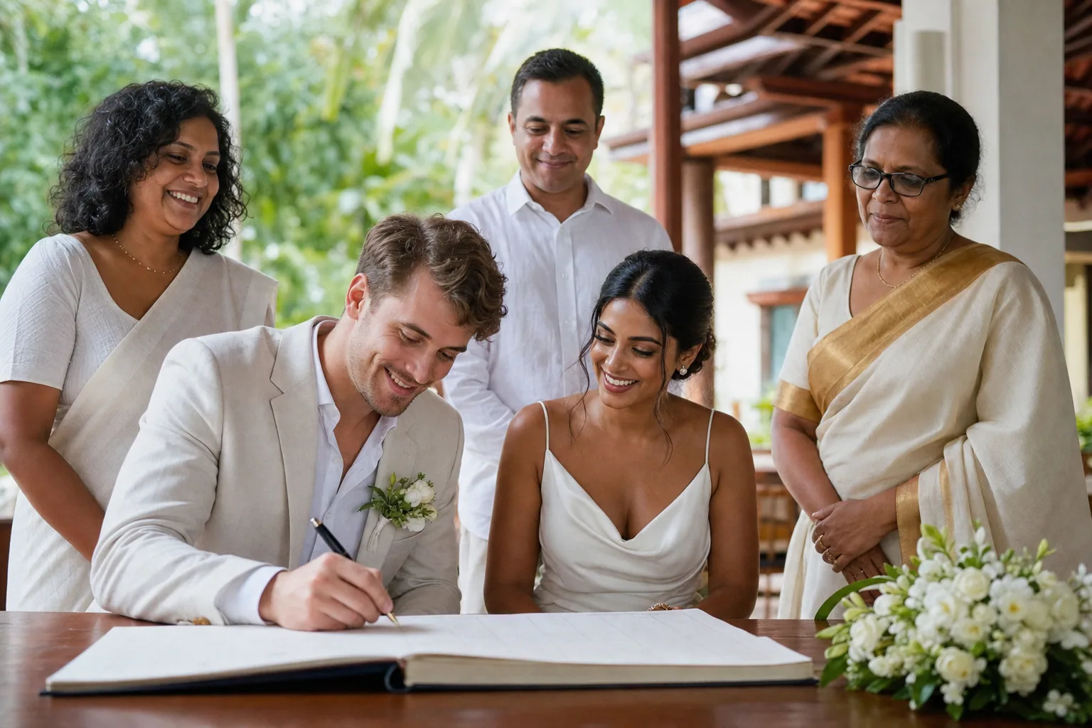 Foreign couple signing the legal marriage register with witnesses in Sri Lanka