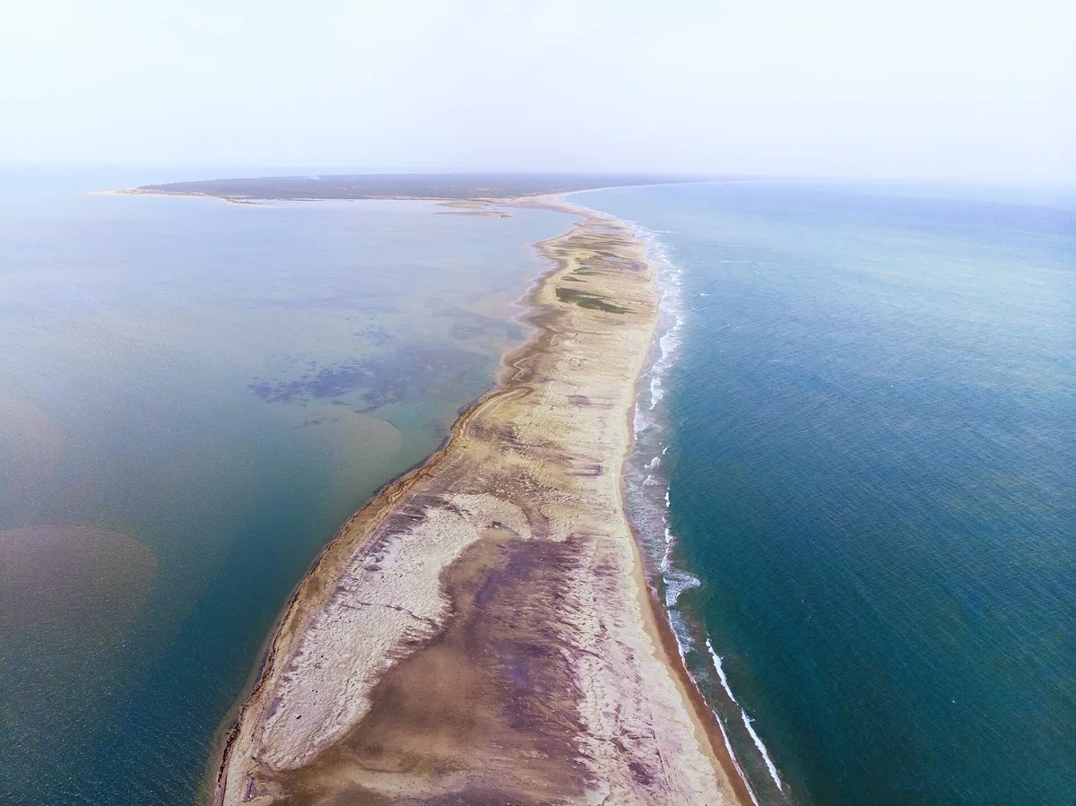 Aerial view of the sandbanks of Adam's Bridge, or Ram Setu, stretching into the sea from Mannar