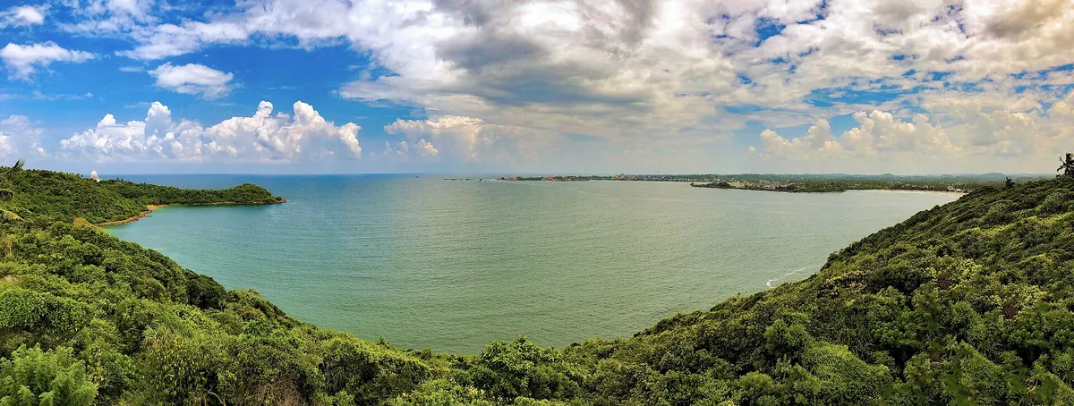 Panorama of Rumassala hill and the bay at Unawatuna on Sri Lanka's south coast