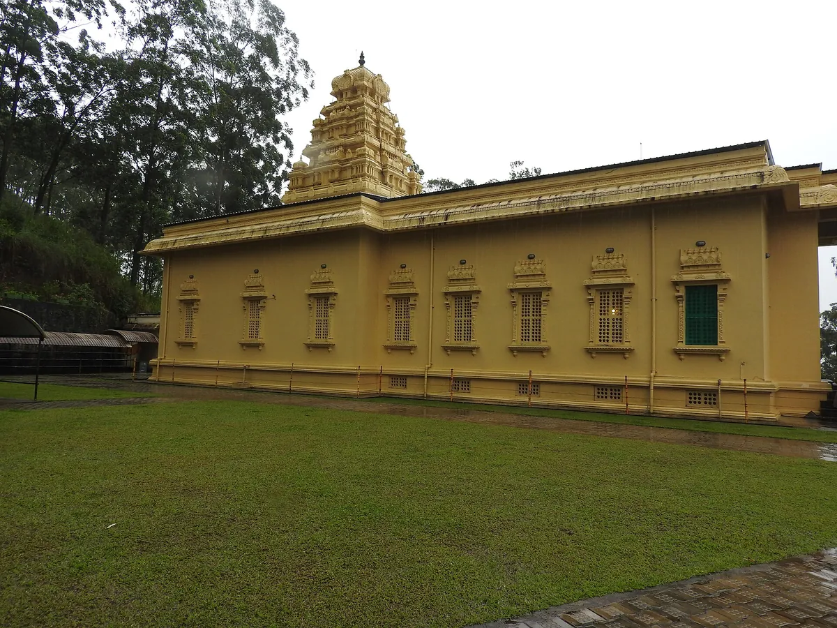The yellow Sri Bhakta Hanuman Temple at Ramboda in Sri Lanka's hill country