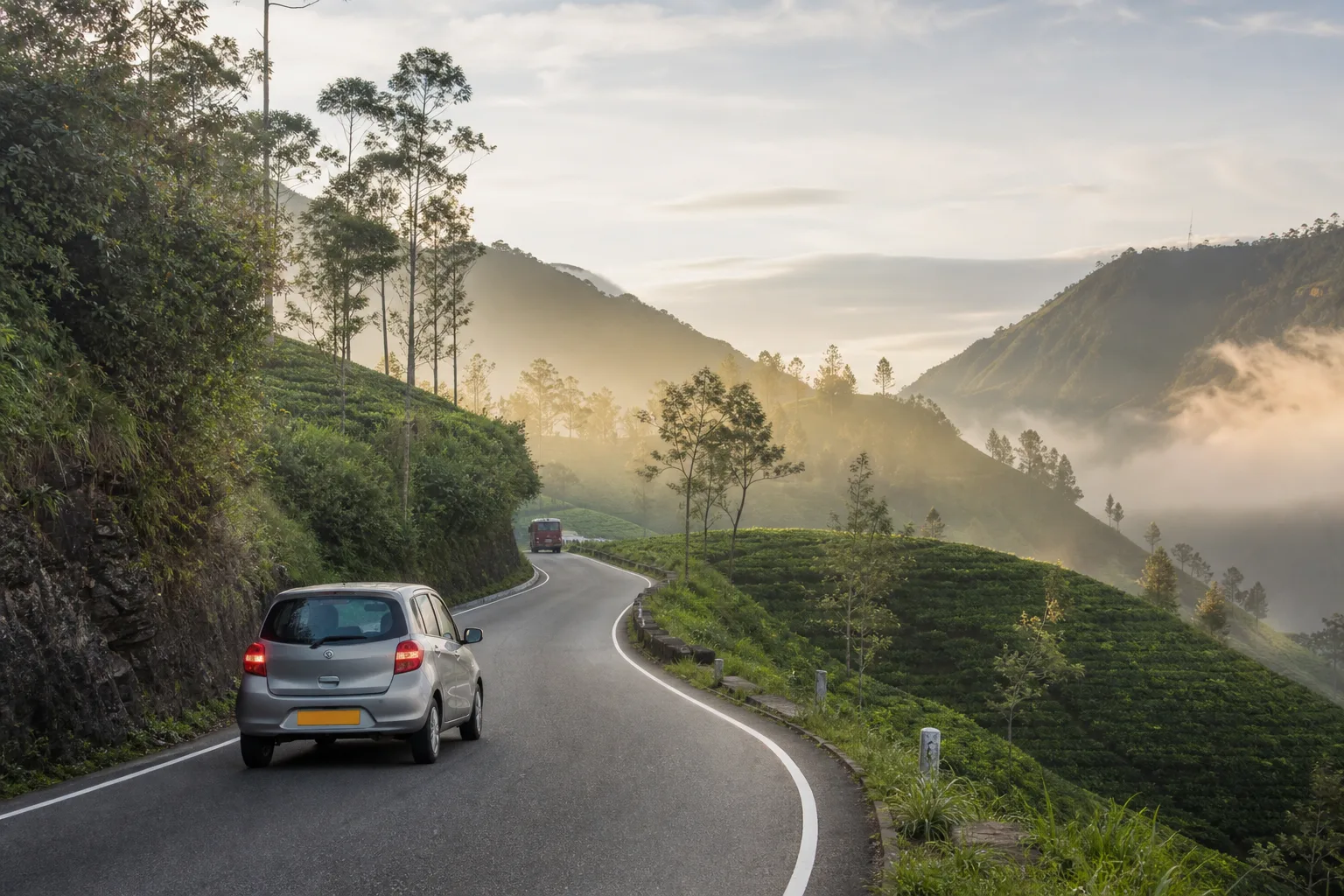Self-drive rental car travelling through Sri Lanka hill country tea plantations