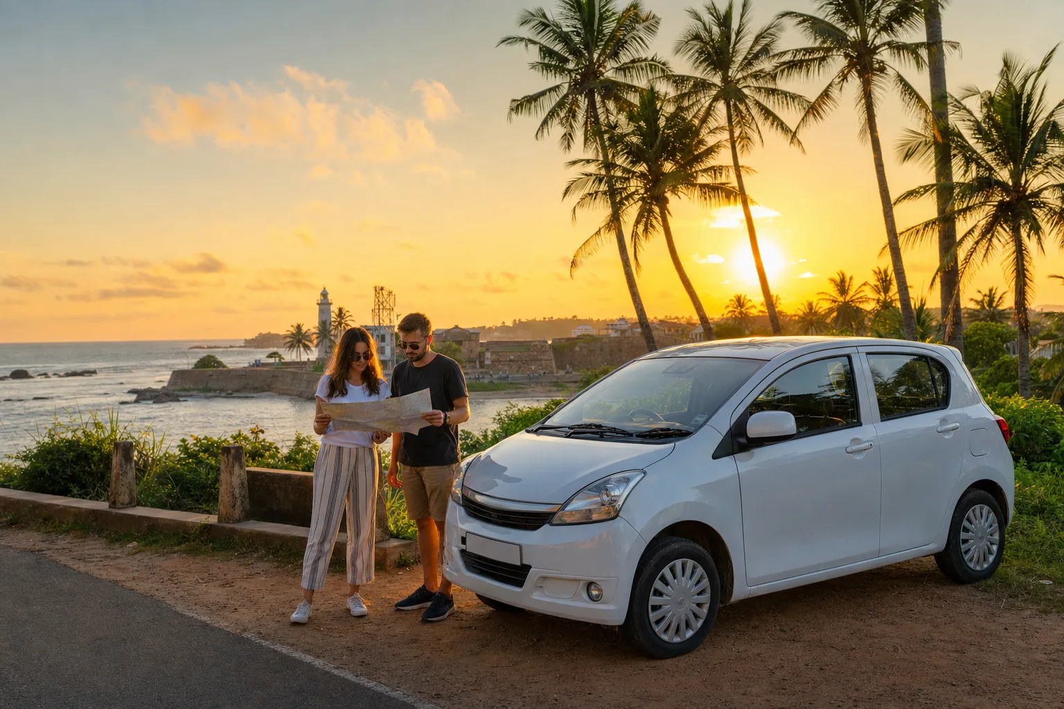 Tourists planning their self-drive road trip beside a rental car on Sri Lanka south coast