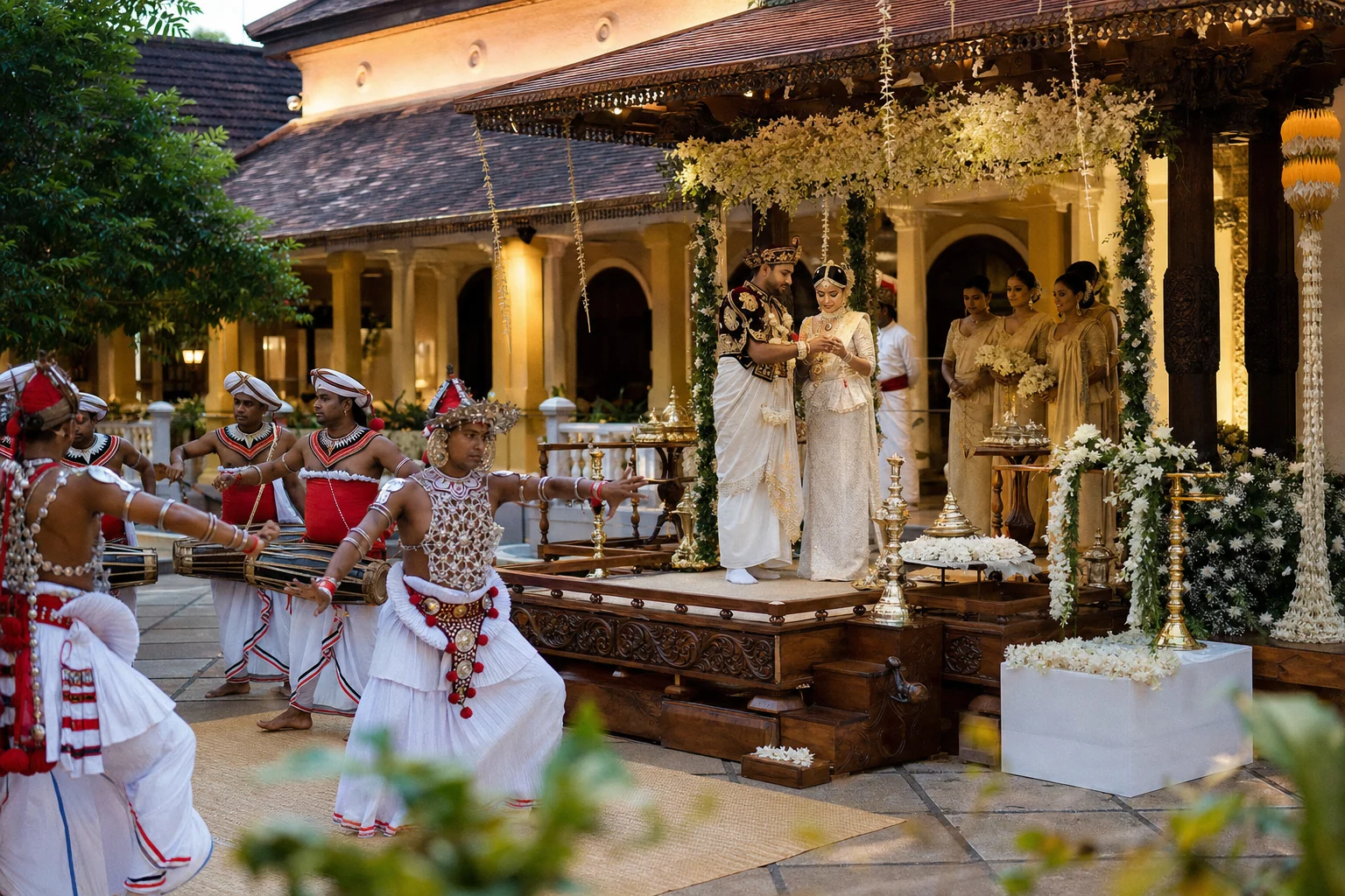 Traditional Kandyan Sri Lankan wedding ceremony with dancers and drummers