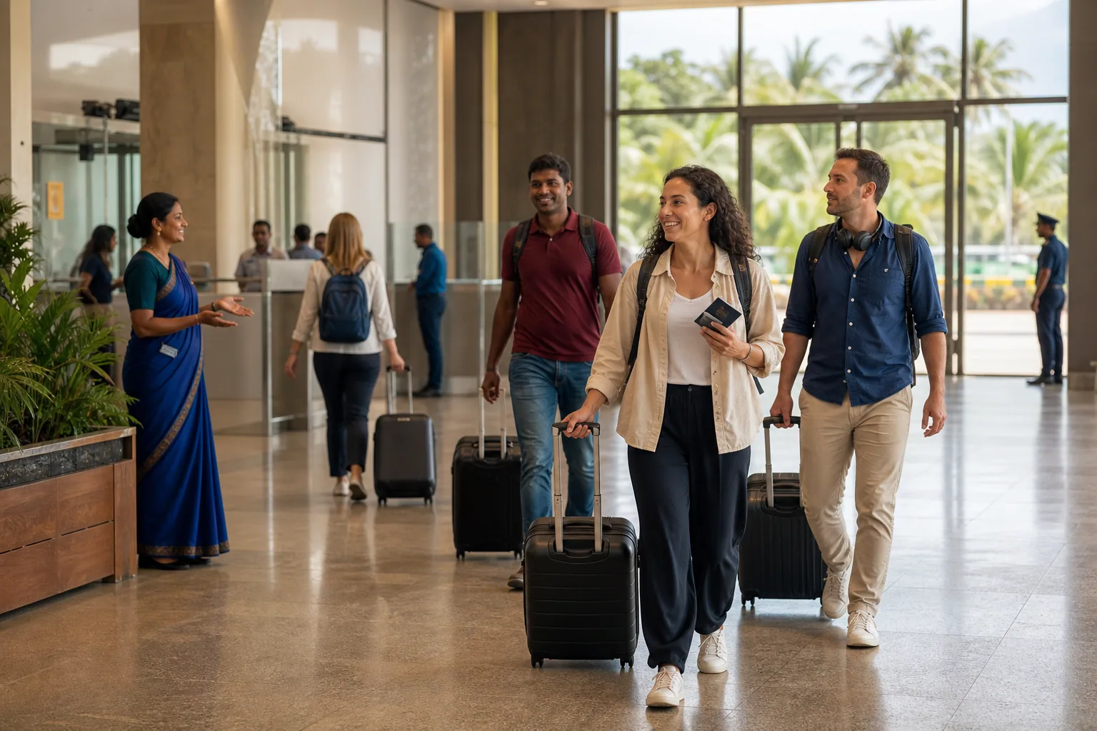 International travellers arriving after immigration at Colombo airport in Sri Lanka